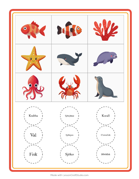 Bildbingo med havsdjur – arbetsblad för förskolan — 2