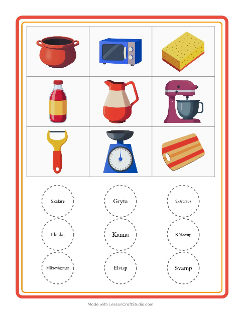Förhandsvisning av Bingo-arbetsblad med Köksredskap för Förskoleklass