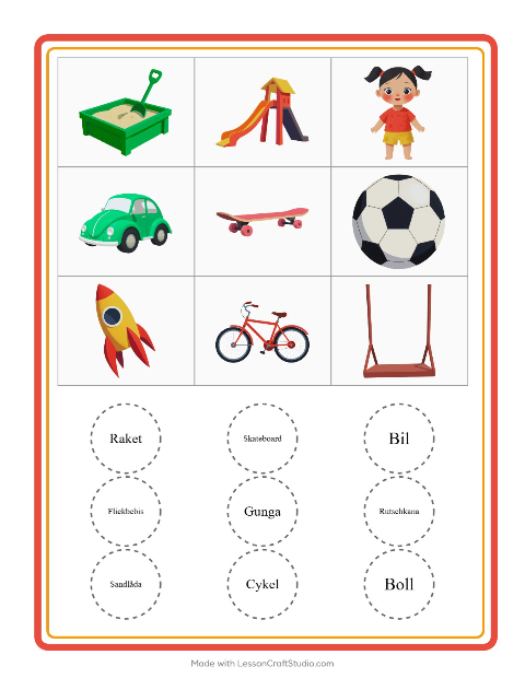 Förhandsvisning av Bingo-arbetsblad med Leksaker för Förskoleklass