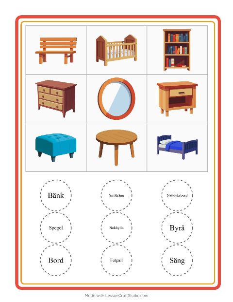 Bildbingo med möbler – arbetsblad för förskolan — 2