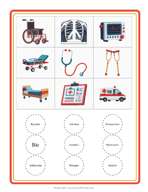 Förhandsvisning av Bingo-arbetsblad med Sjukhus för Förskoleklass