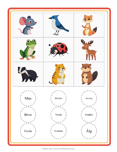 Bildbingo med djur – arbetsblad för förskolan — 2