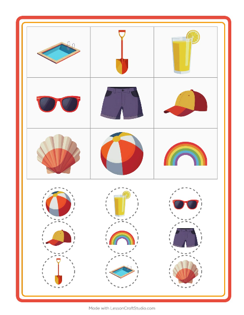 Förhandsvisning av Bingo-arbetsblad med Sommar för Förskoleklass
