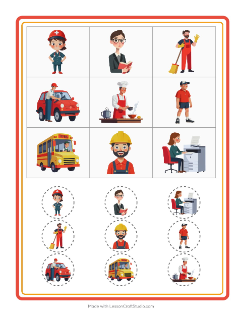 Förhandsvisning av Bingo-arbetsblad med Yrken för Förskoleklass