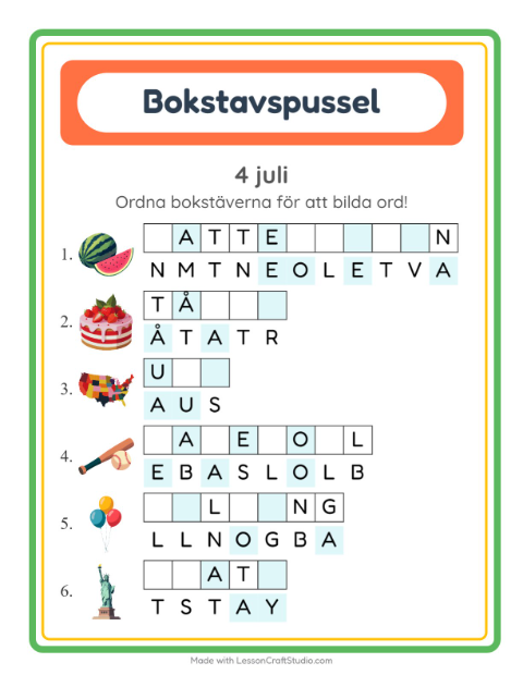 Förhandsvisning av Bokstavspussel-arbetsblad med 4 juli för Årskurs 1