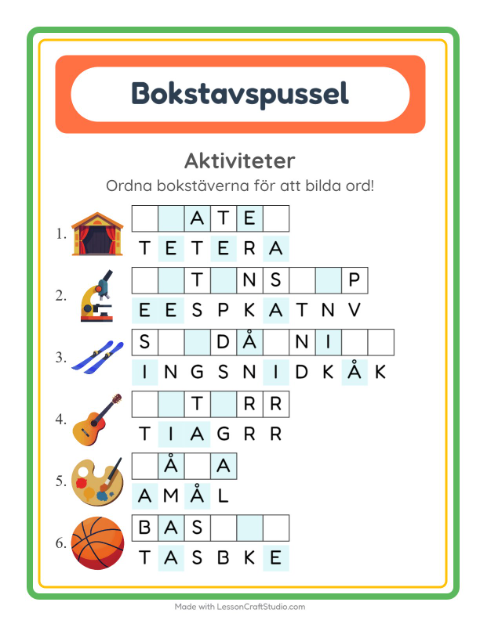 Ordpussel – Aktiviteter