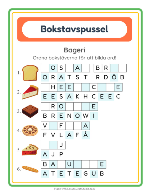 Förhandsvisning av Bokstavspussel-arbetsblad med Bageri för Årskurs 1