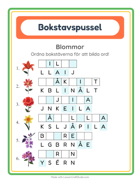 Förhandsvisning av Ordpussel med blommor – arbetsblad för årskurs 1