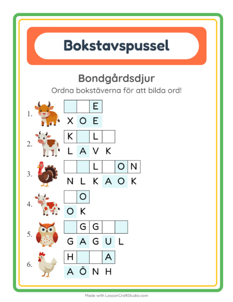 Förhandsvisning av Bokstavspussel-arbetsblad med Bondgårdsdjur för Årskurs 1