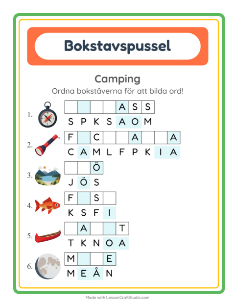 Förhandsvisning av Ordpussel med tält – arbetsblad för årskurs 1