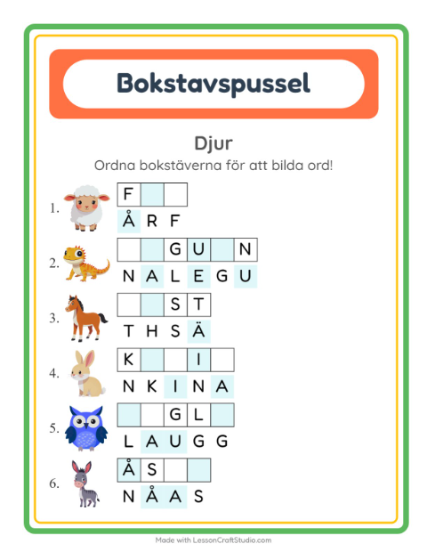 Förhandsvisning av Bokstavspussel-arbetsblad med Djur för Årskurs 1
