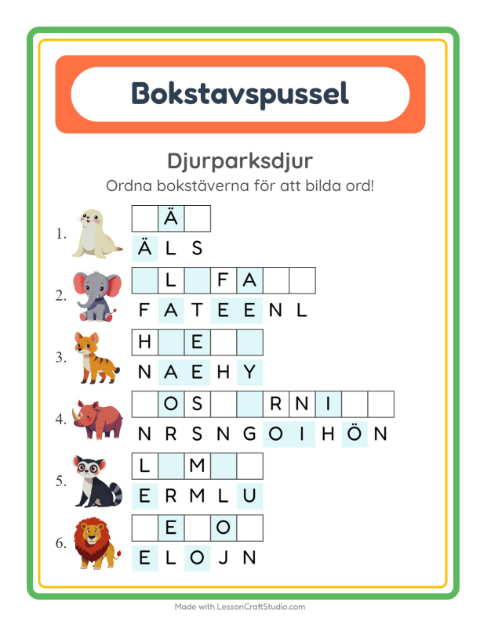 Förhandsvisning av Bokstavspussel-arbetsblad med Djurparksdjur för Årskurs 1