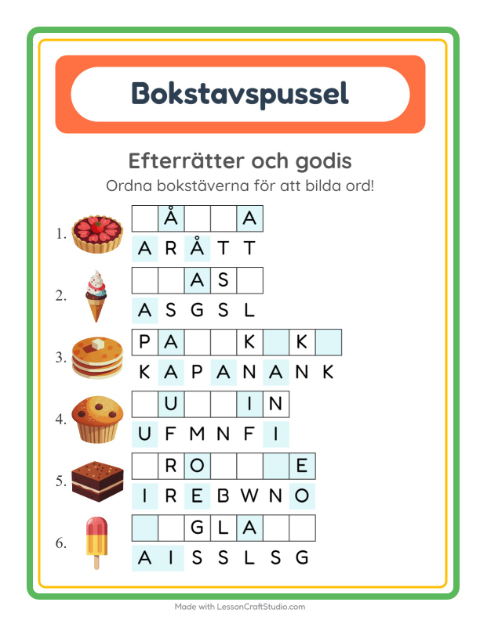 Förhandsvisning av Bokstavspussel-arbetsblad med Efterrätter och godis för Årskurs 1