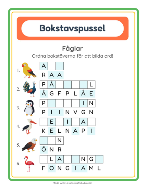 Förhandsvisning av Bokstavspussel-arbetsblad med Fåglar för Årskurs 1