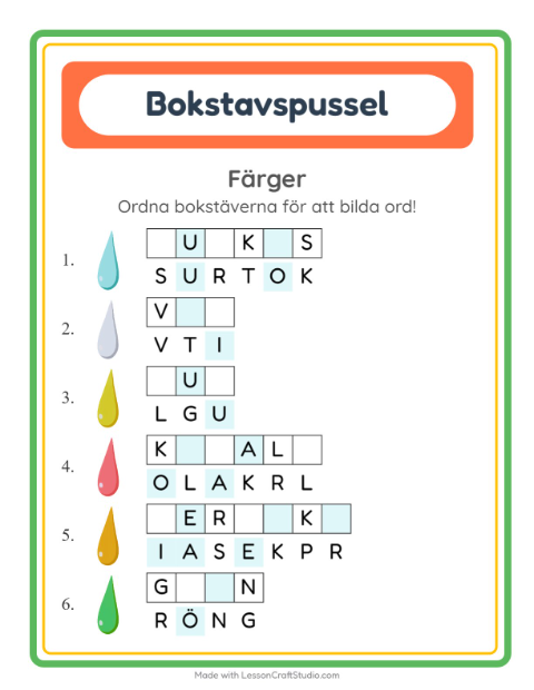 Förhandsvisning av Bokstavspussel-arbetsblad med Färger för Årskurs 1