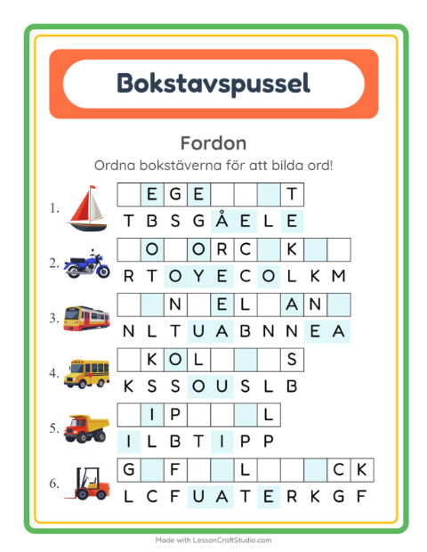Förhandsvisning av Ordpussel med fordon – arbetsblad för årskurs 1