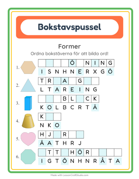 Förhandsvisning av Bokstavspussel-arbetsblad med Former för Årskurs 1