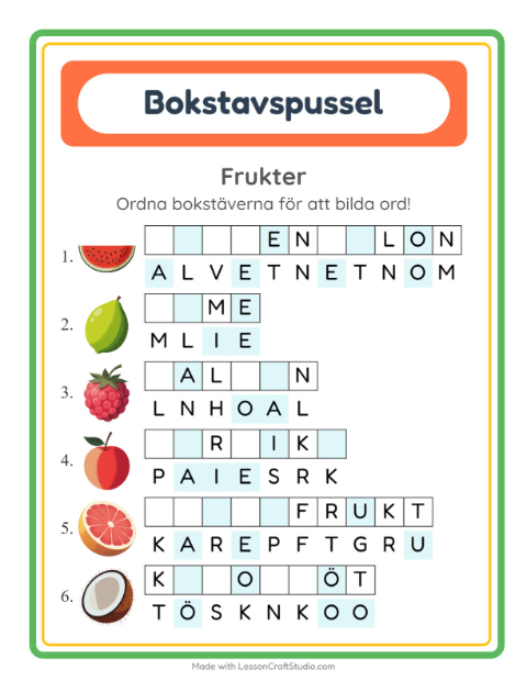 Förhandsvisning av Bokstavspussel-arbetsblad med Frukter för Årskurs 1