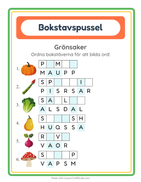 Ordpussel – Grönsaker