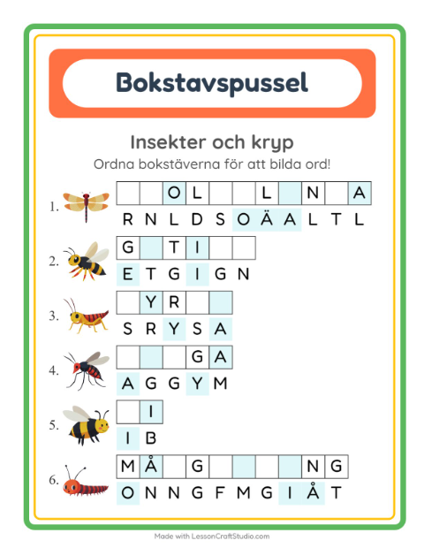 Förhandsvisning av Bokstavspussel-arbetsblad med Insekter och kryp för Årskurs 1