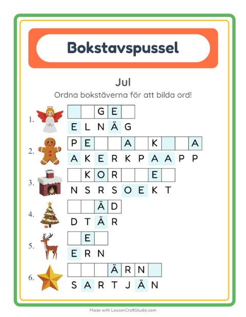 Förhandsvisning av Bokstavspussel-arbetsblad med Jul för Årskurs 1