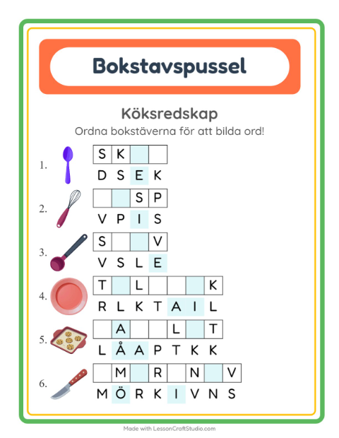 Förhandsvisning av Ordpussel med redskap – arbetsblad för årskurs 1