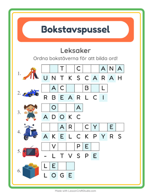 Förhandsvisning av Bokstavspussel-arbetsblad med Leksaker för Årskurs 1