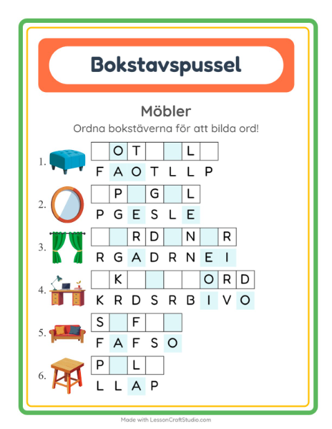 Förhandsvisning av Bokstavspussel-arbetsblad med Möbler för Årskurs 1