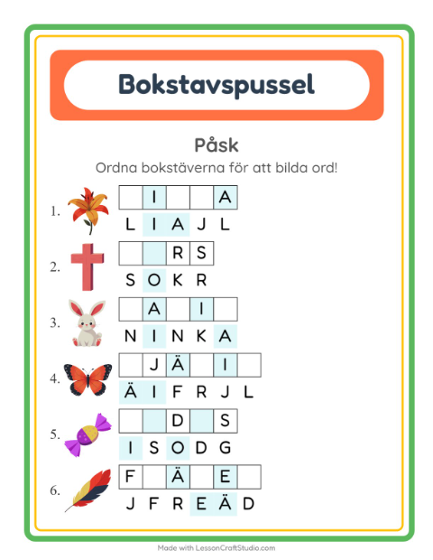 Förhandsvisning av Bokstavspussel-arbetsblad med Påsk för Årskurs 1