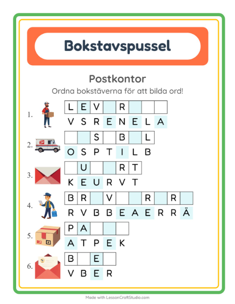 Förhandsvisning av Bokstavspussel-arbetsblad med Postkontor för Årskurs 1
