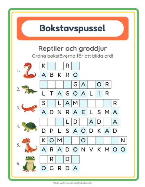 Förhandsvisning av Bokstavspussel-arbetsblad med Reptiler och groddjur för Årskurs 1
