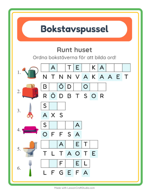 Förhandsvisning av Bokstavspussel-arbetsblad med Runt huset för Årskurs 1