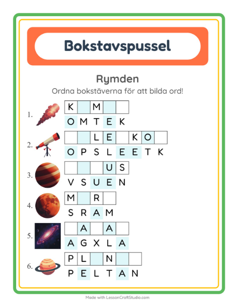 Förhandsvisning av Bokstavspussel-arbetsblad med Rymden för Årskurs 1