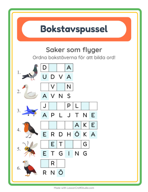 Förhandsvisning av Bokstavspussel-arbetsblad med Saker som flyger för Årskurs 1