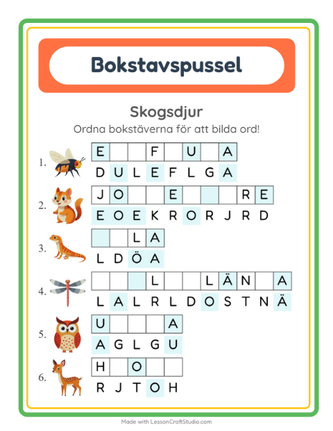 Förhandsvisning av Bokstavspussel-arbetsblad med Skogsdjur för Årskurs 1