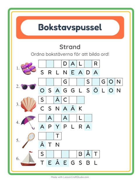 Förhandsvisning av Bokstavspussel-arbetsblad med Strand för Årskurs 1