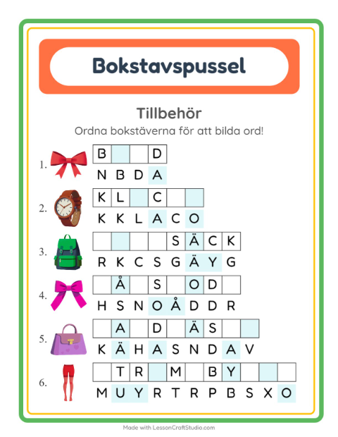 Förhandsvisning av Bokstavspussel-arbetsblad med Tillbehör för Årskurs 1
