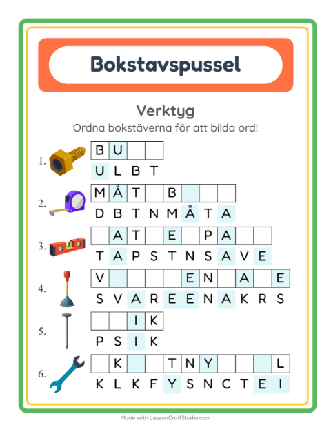 Förhandsvisning av Bokstavspussel-arbetsblad med Verktyg för Årskurs 1
