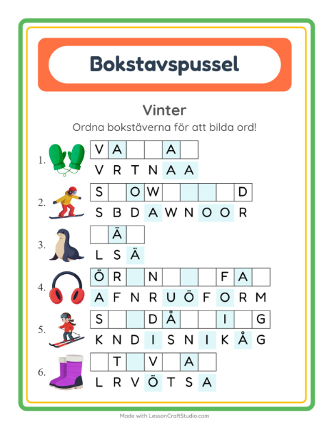 Förhandsvisning av Bokstavspussel-arbetsblad med Vinter för Årskurs 1