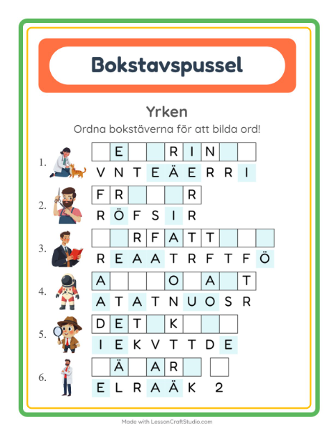 Förhandsvisning av Ordpussel med yrken – arbetsblad för årskurs 1
