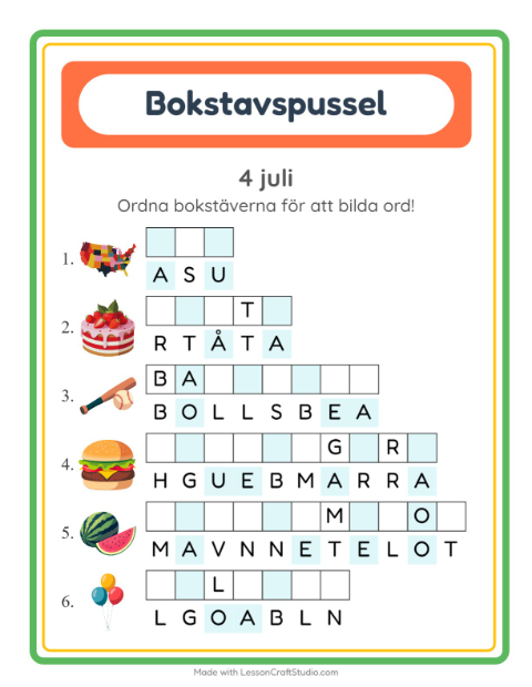 Förhandsvisning av Bokstavspussel-arbetsblad med 4 juli för Årskurs 1