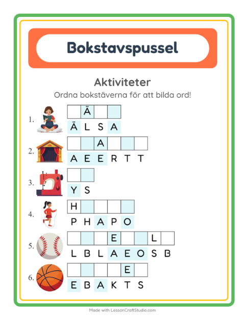 Förhandsvisning av Bokstavspussel-arbetsblad med Aktiviteter för Årskurs 1