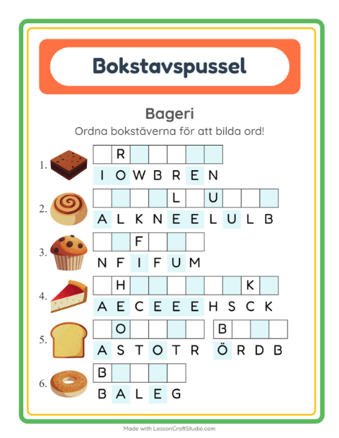 Förhandsvisning av Bokstavspussel-arbetsblad med Bageri för Årskurs 1
