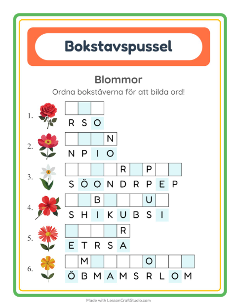 Förhandsvisning av Bokstavspussel-arbetsblad med Blommor för Årskurs 1