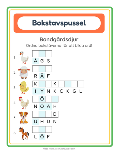 Förhandsvisning av Bokstavspussel-arbetsblad med Bondgårdsdjur för Årskurs 1