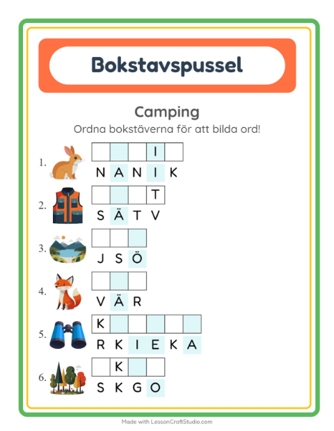 Förhandsvisning av Bokstavspussel-arbetsblad med Camping för Årskurs 1