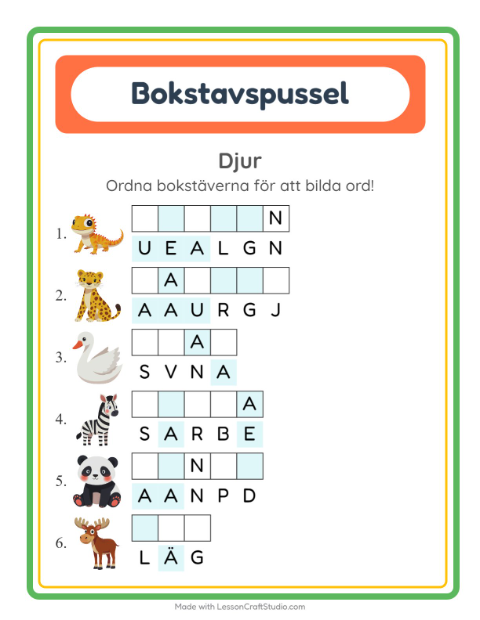 Förhandsvisning av Bokstavspussel-arbetsblad med Djur för Årskurs 1