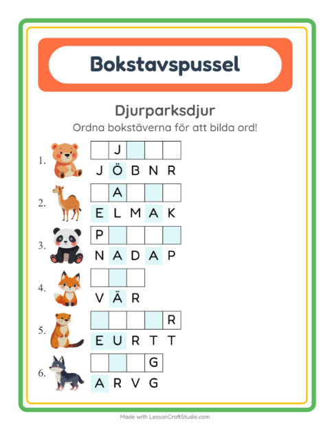 Förhandsvisning av Bokstavspussel-arbetsblad med Djurparksdjur för Årskurs 1