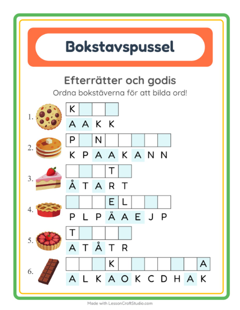 Förhandsvisning av Bokstavspussel-arbetsblad med Efterrätter och godis för Årskurs 1