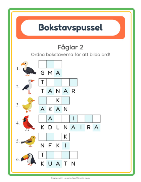 Förhandsvisning av Bokstavspussel-arbetsblad med Fåglar 2 för Årskurs 1